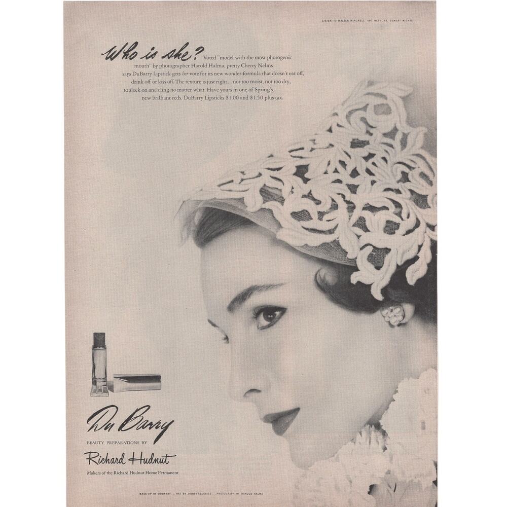 DuBerry Lipstick Magazine Advertisement Black & White 1950 Vintage Beauty Model